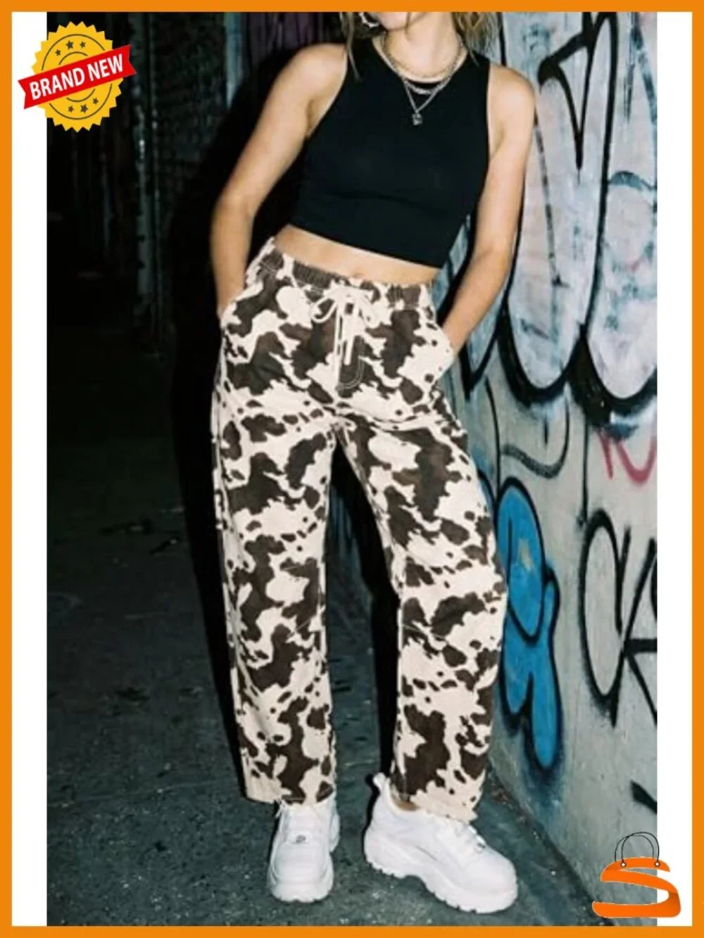 High Rise Drawstring Barrel Leg Cheetah Print Wide Leg Denim Pants with Pockets
